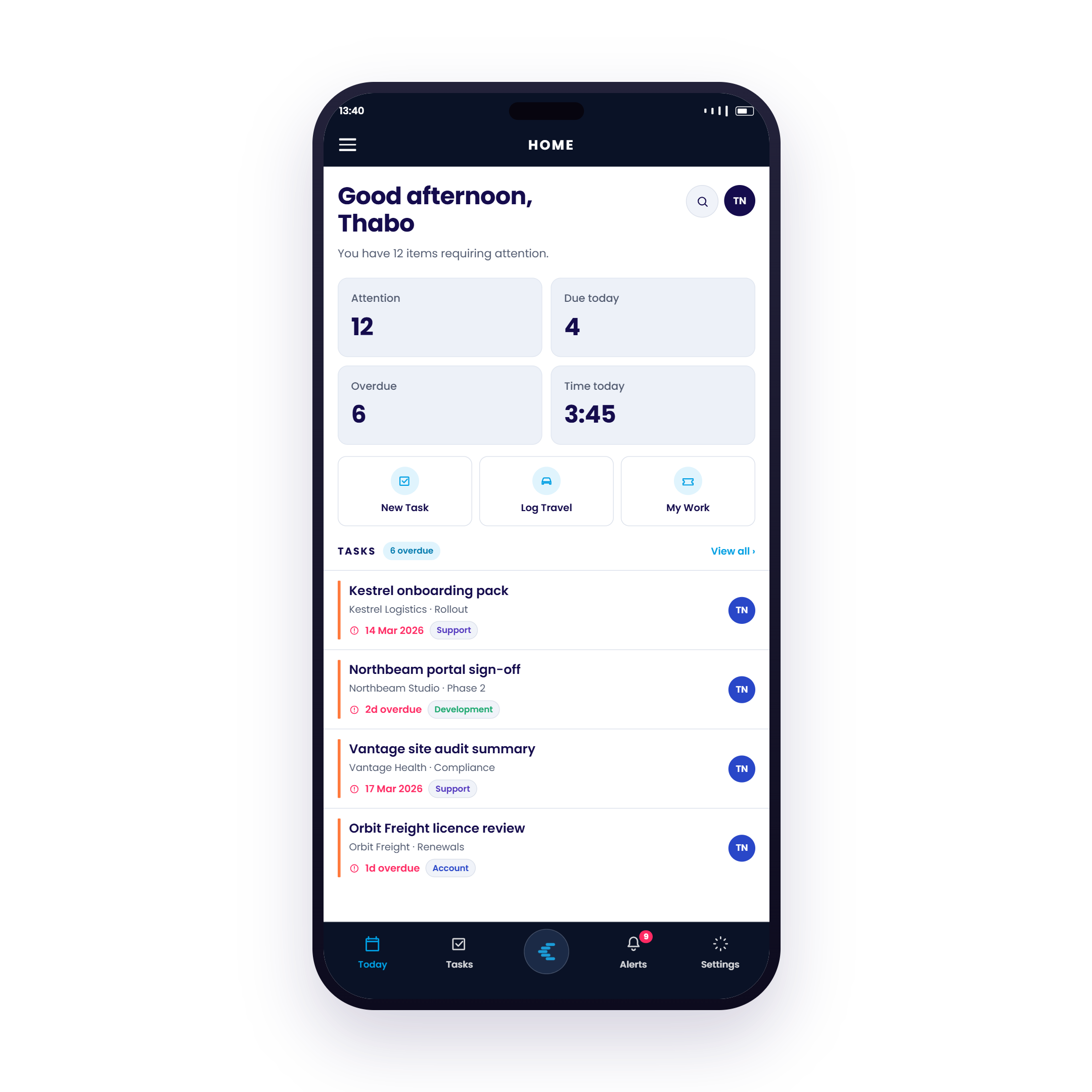 Chronodesk Mobile Home Screen showing Daily Overview and Task Priorities