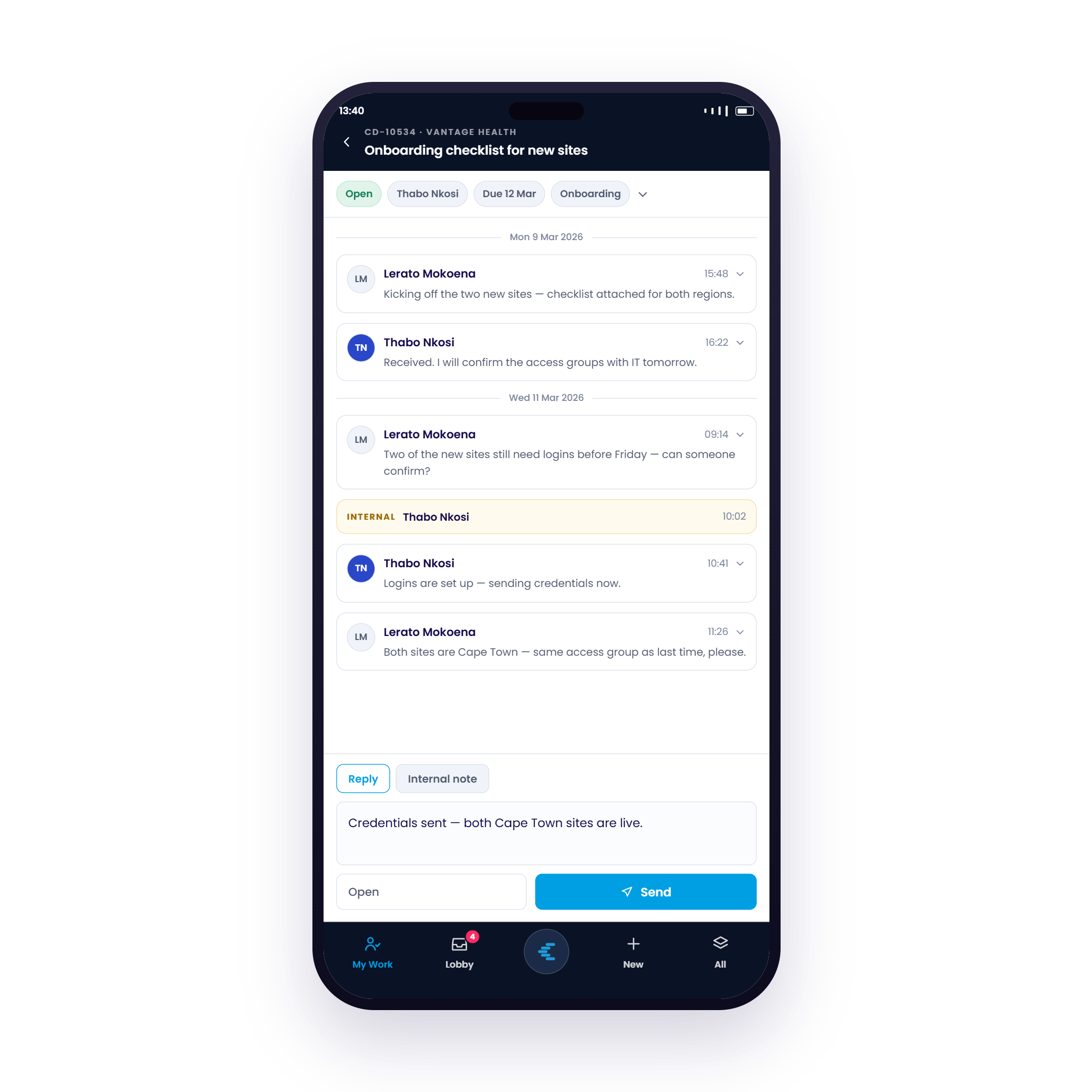 Chronodesk Mobile Service Desk conversation and reply screen