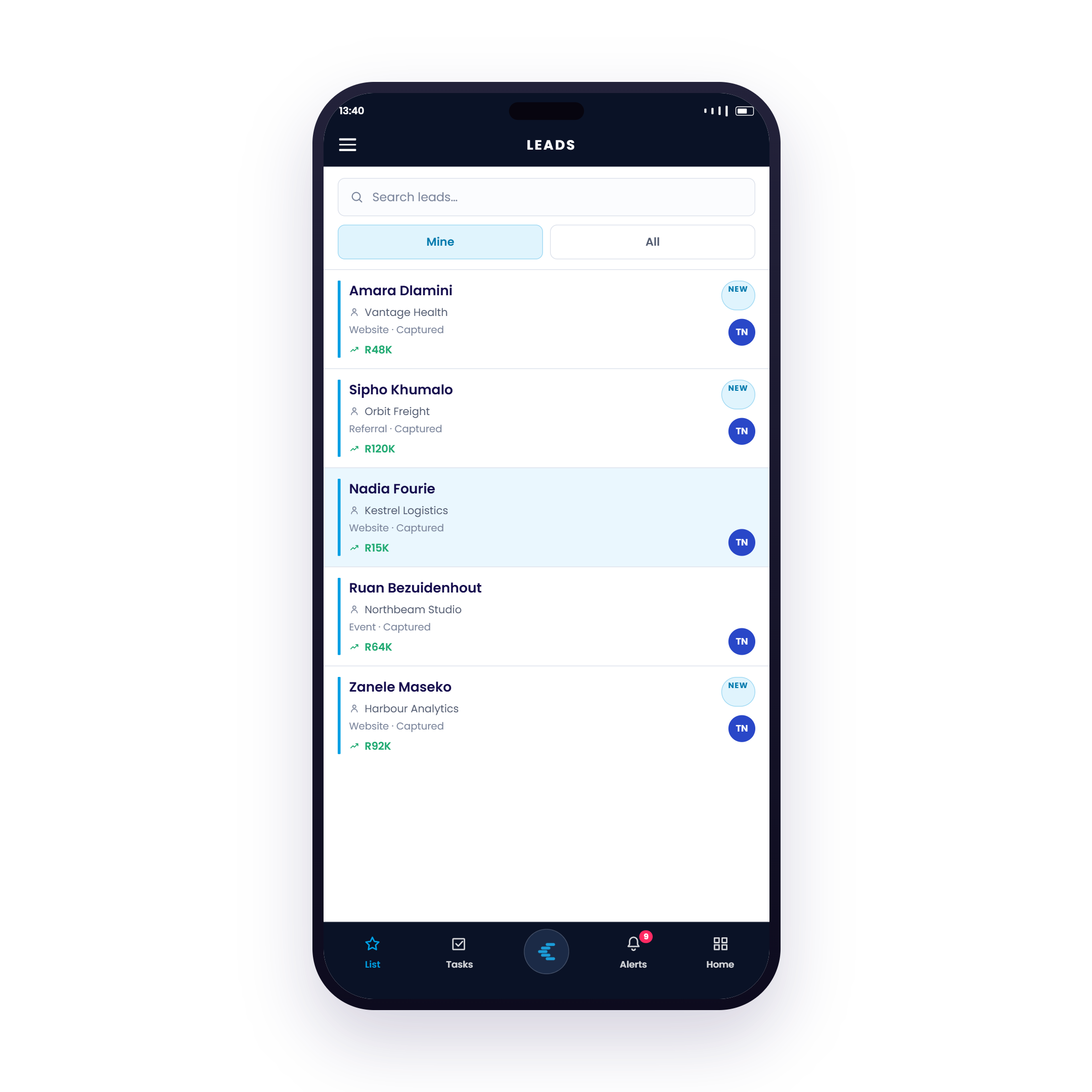 Chronodesk Mobile CRM Leads list with deal values and capture channels