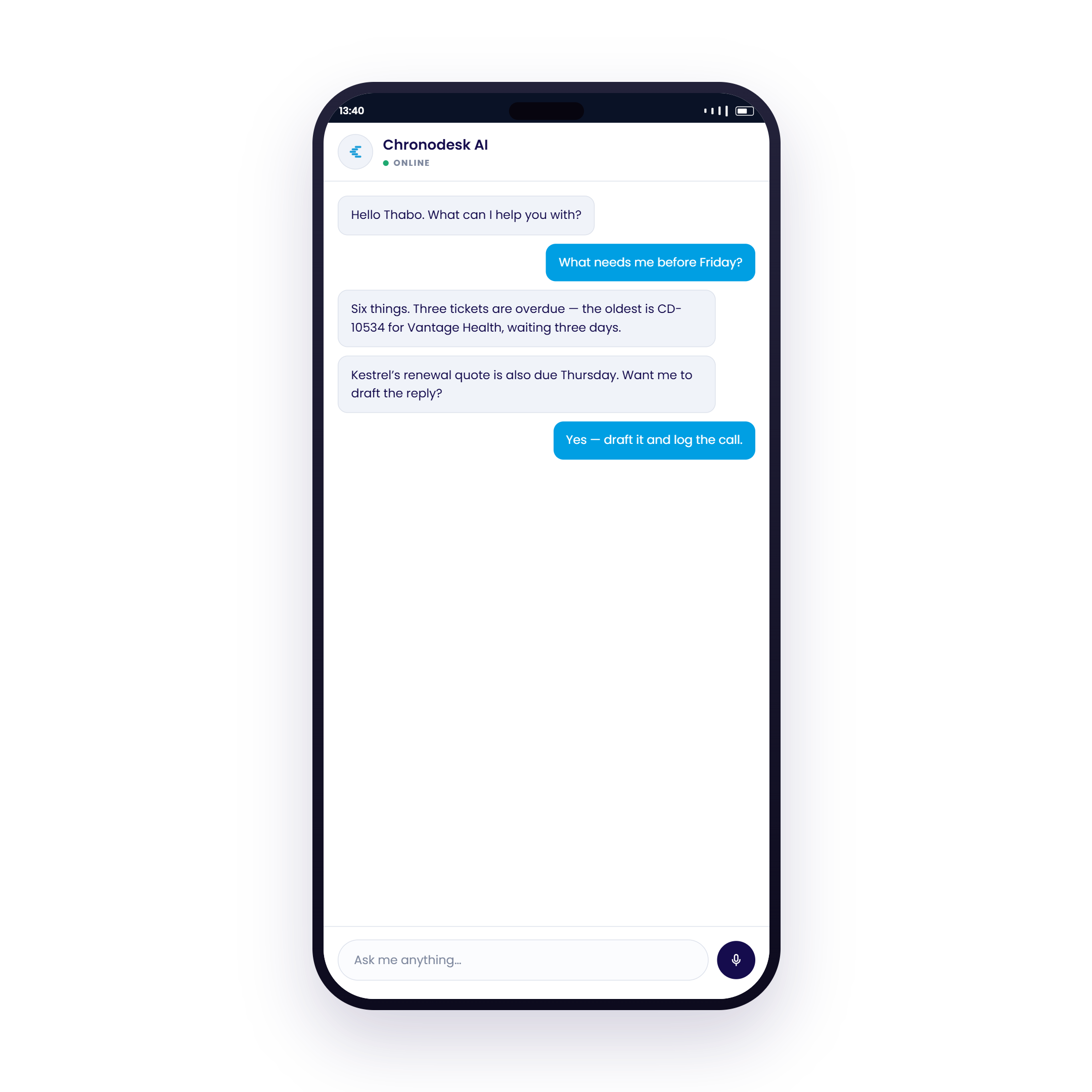 Chronodesk Mobile AI Assistant chat interface and voice input