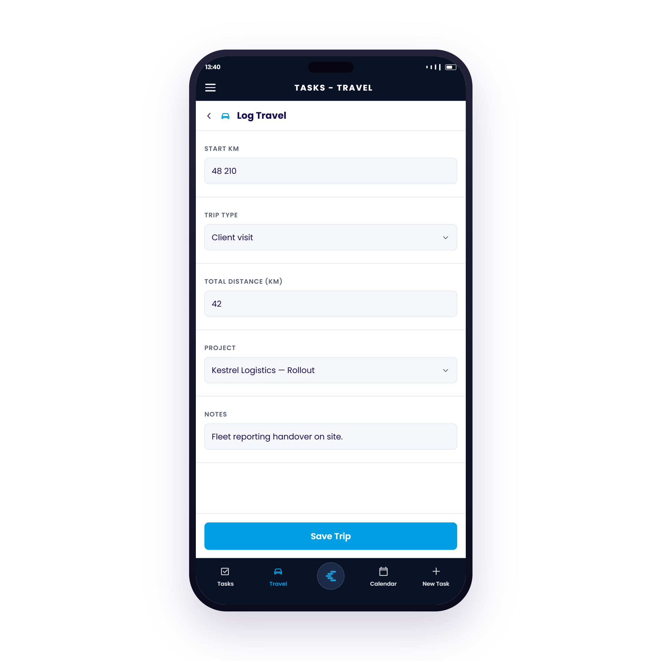 Chronodesk Mobile Travel Log and distance capture screen